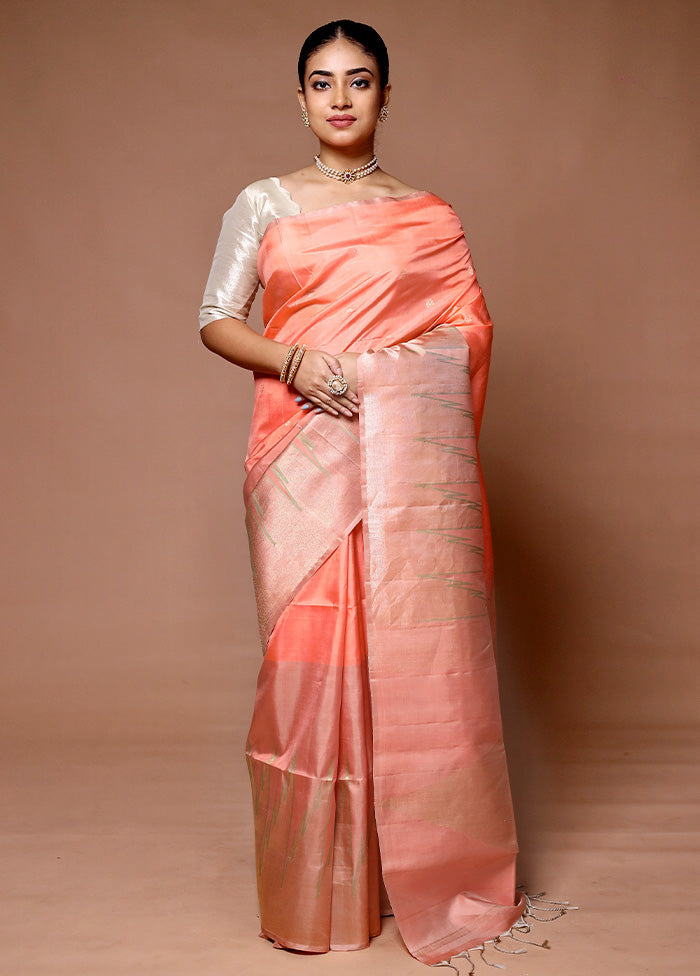 Peach Handloom Kanchipuram Pure Silk Saree With Blouse Piece Finishline Online