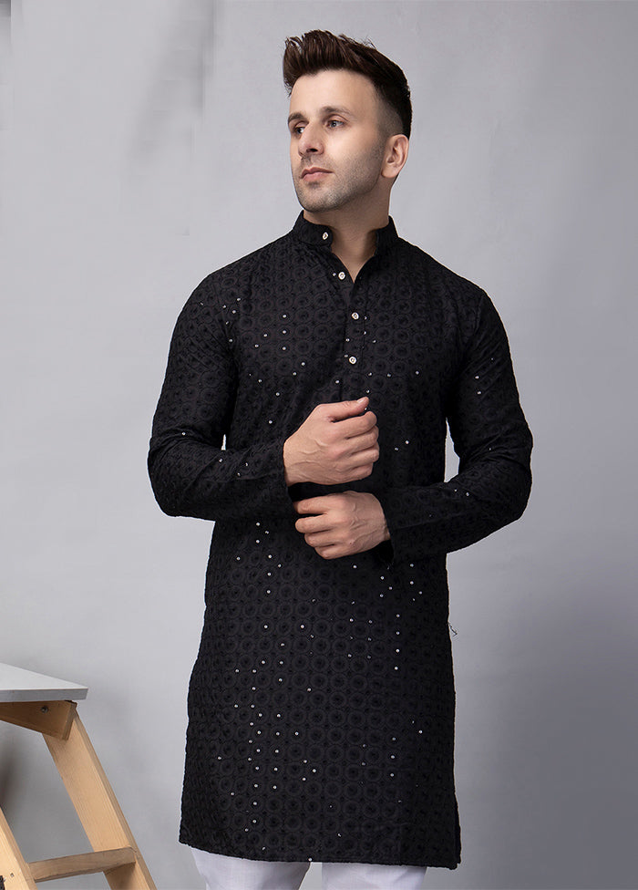 Black Viscose Embroidered Knee Length Kurta Big Discount For Sale