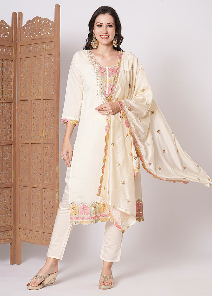 3 Pc Cream Readymade Viscose Dupatta Suit Set Free Shipping Cheap