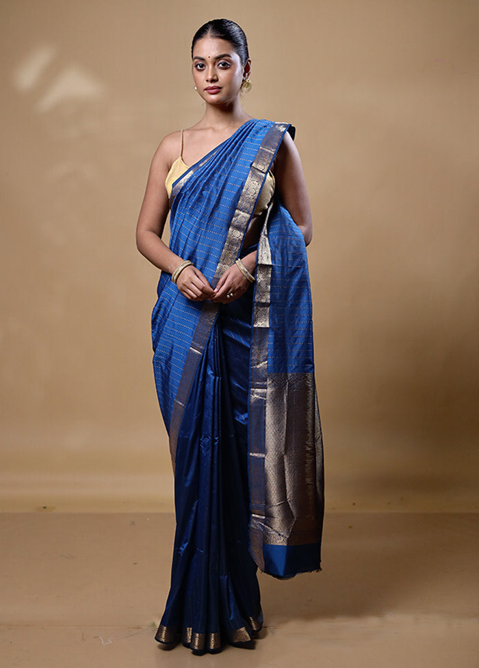 Blue Kanjivaram Silk Saree With Blouse Piece 100% Original