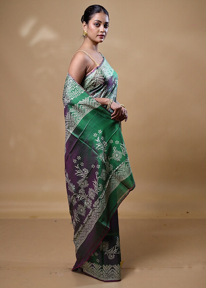 Green Printed Pure Silk Saree Without Blouse Piece Discount Collections