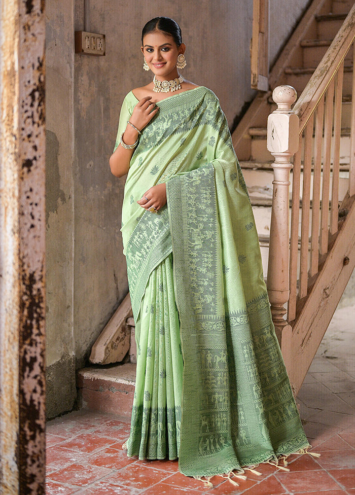 Pista Green Spun Silk Saree With Blouse Piece For Sale Cheap Pice