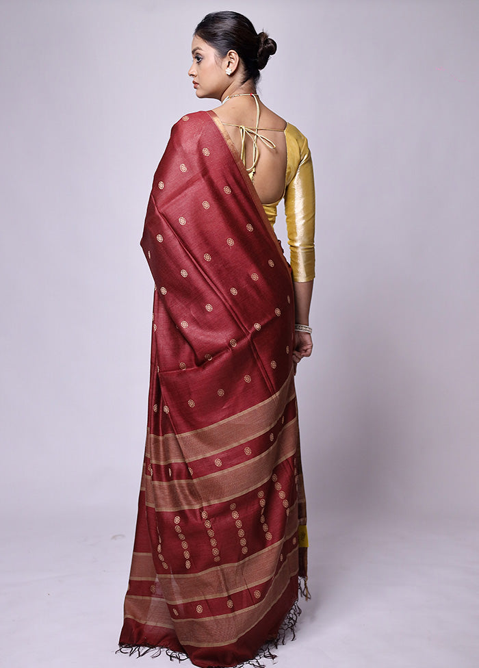 Maroon Tussar Silk Saree With Blouse Piece Clearance Online Fake