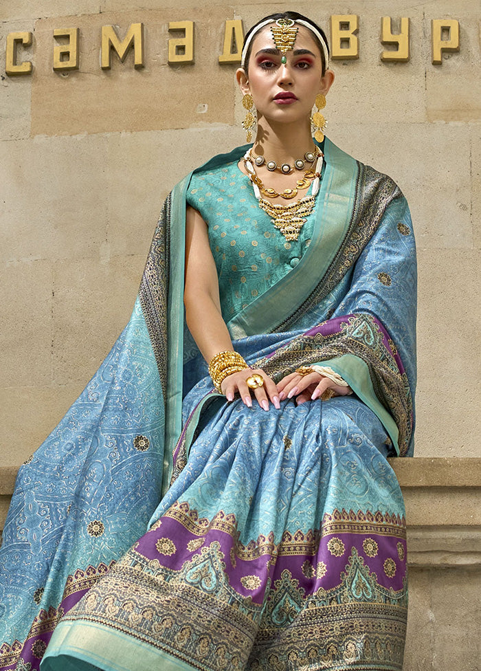 Blue Spun Silk Saree With Blouse Piece Classic Cheap Pice