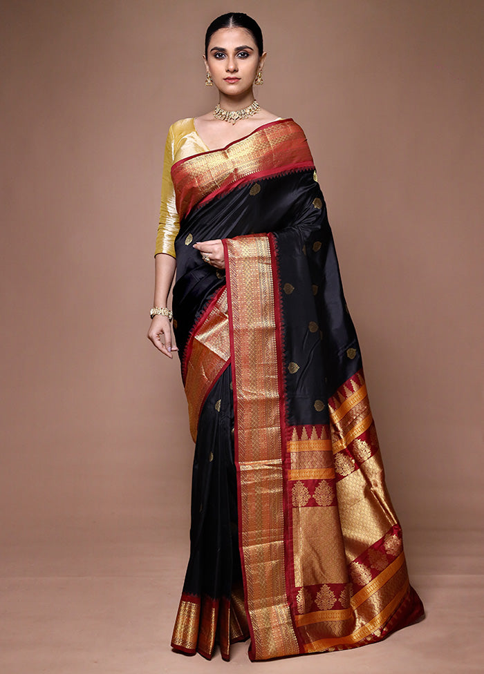 Black Handloom Kanchipuram Pure Silk Saree With Blouse Piece Cheapest Pice Sale Online