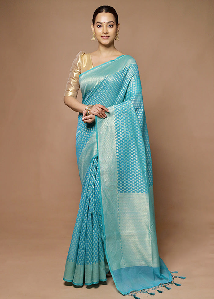 Blue Kora Silk Saree With Blouse Piece Quality Free Shipping