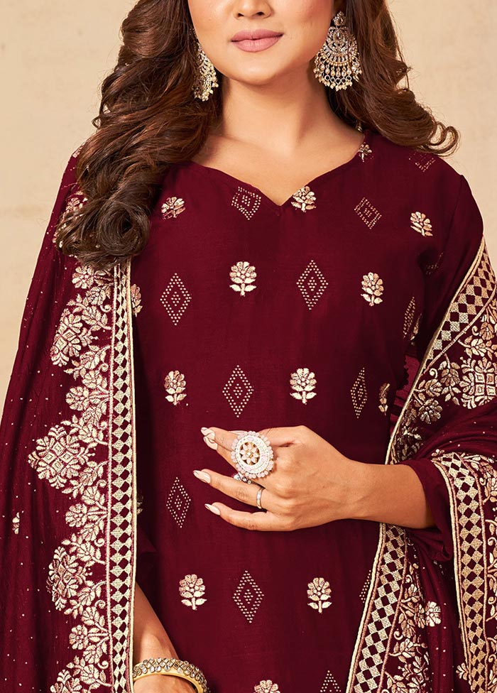 3 Pc Maroon Semi Stitched Georgette Suit Set Authentic Cheap Pice