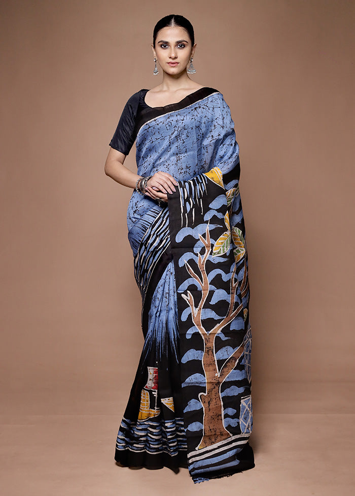 Blue Printed Pure Silk Saree Without Blouse Piece Discount Get To Buy