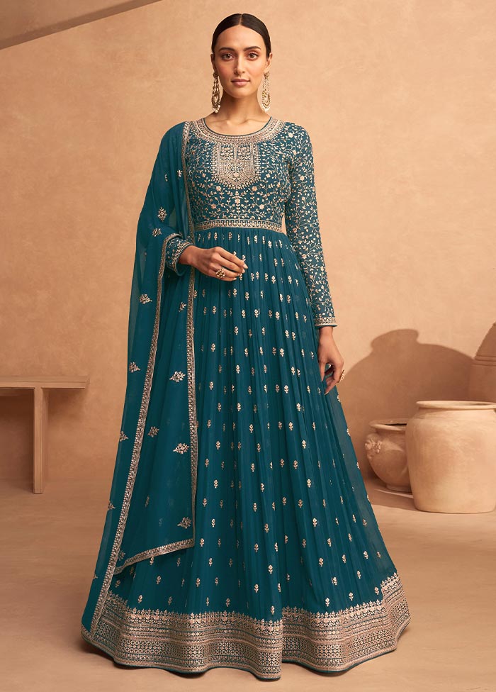 3 Pc Teal Blue Semi Stitched Georgette Suit Set Official Site Cheap Online