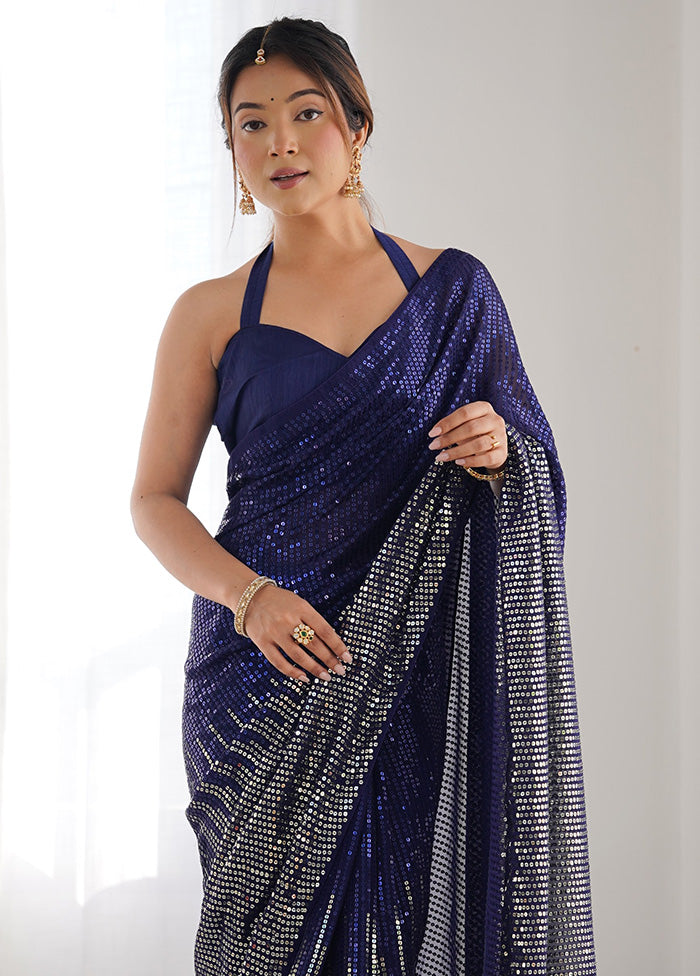 Navy Blue Georgette Saree With Blouse Piece 100% Guaranteed