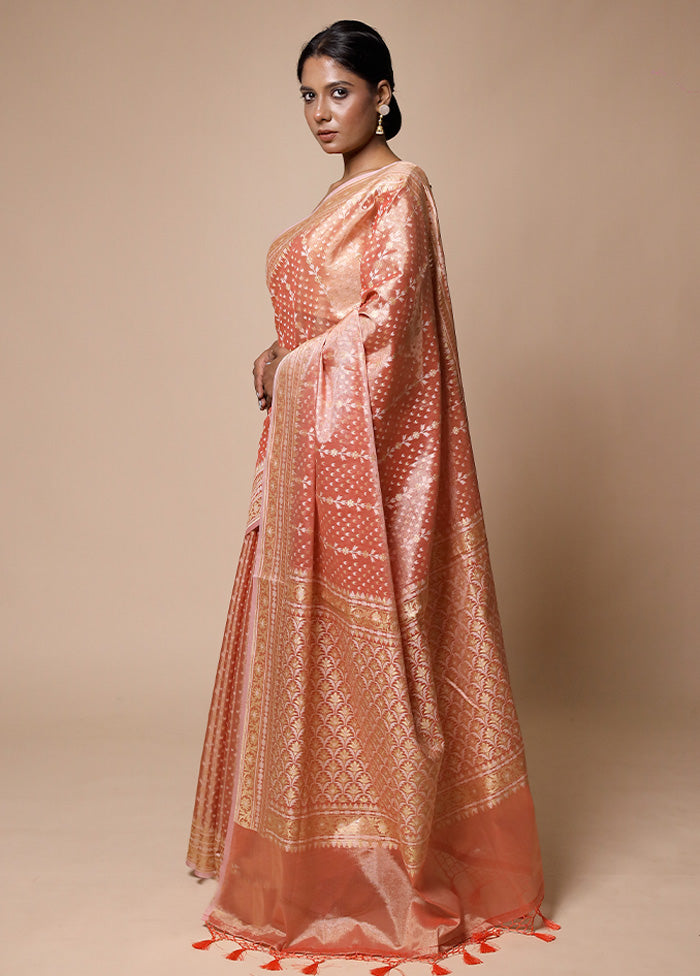 Peach Tissue Silk Saree With Blouse Piece Get Authentic Sale Online