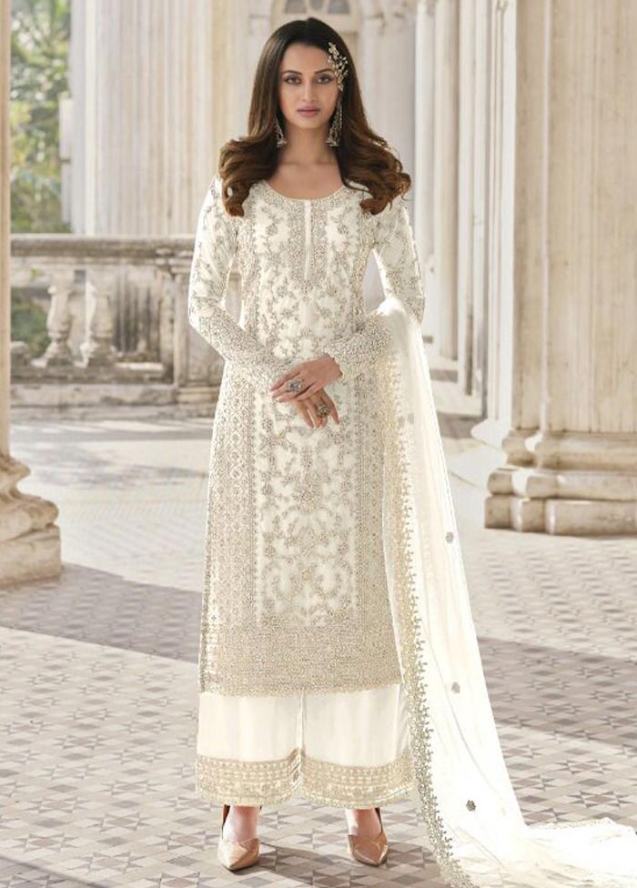 3 Pc White Semi Stitched Net Suit Set Cheap Fashionable