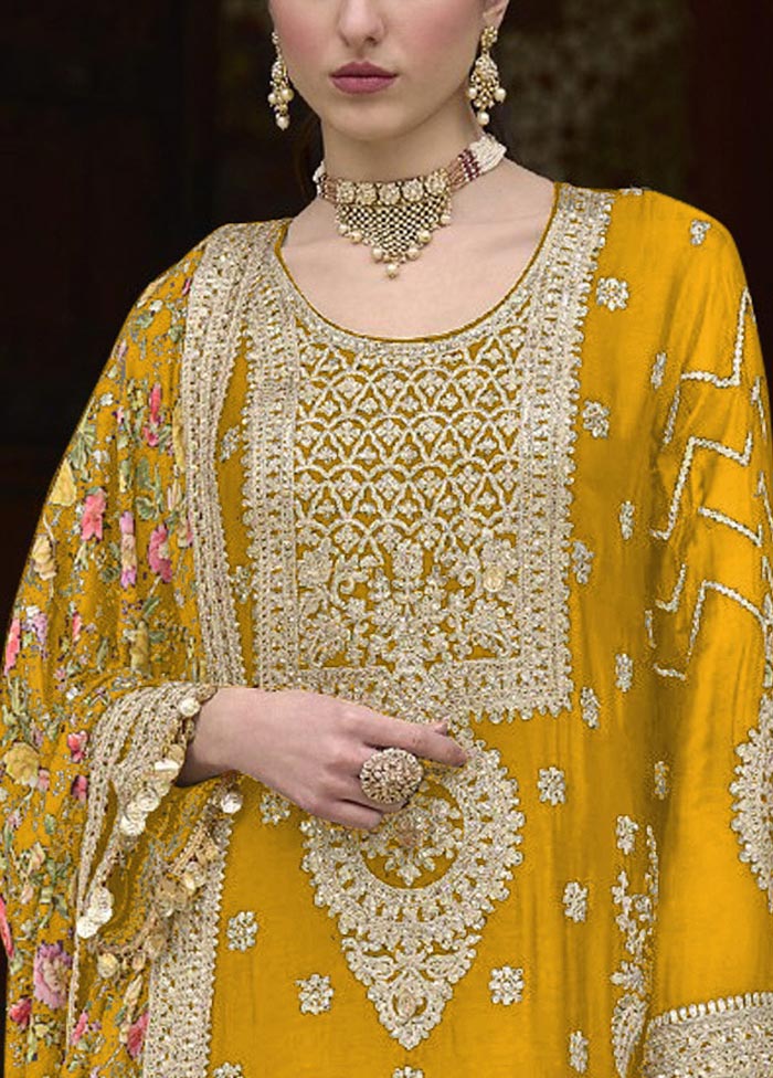 3 Pc Yellow Semi Stitched Silk Suit Set Outlet Store Cheap Online