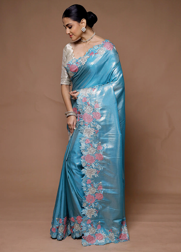 Blue Tissue Silk Saree With Blouse Piece Pay With Visa Cheap Online