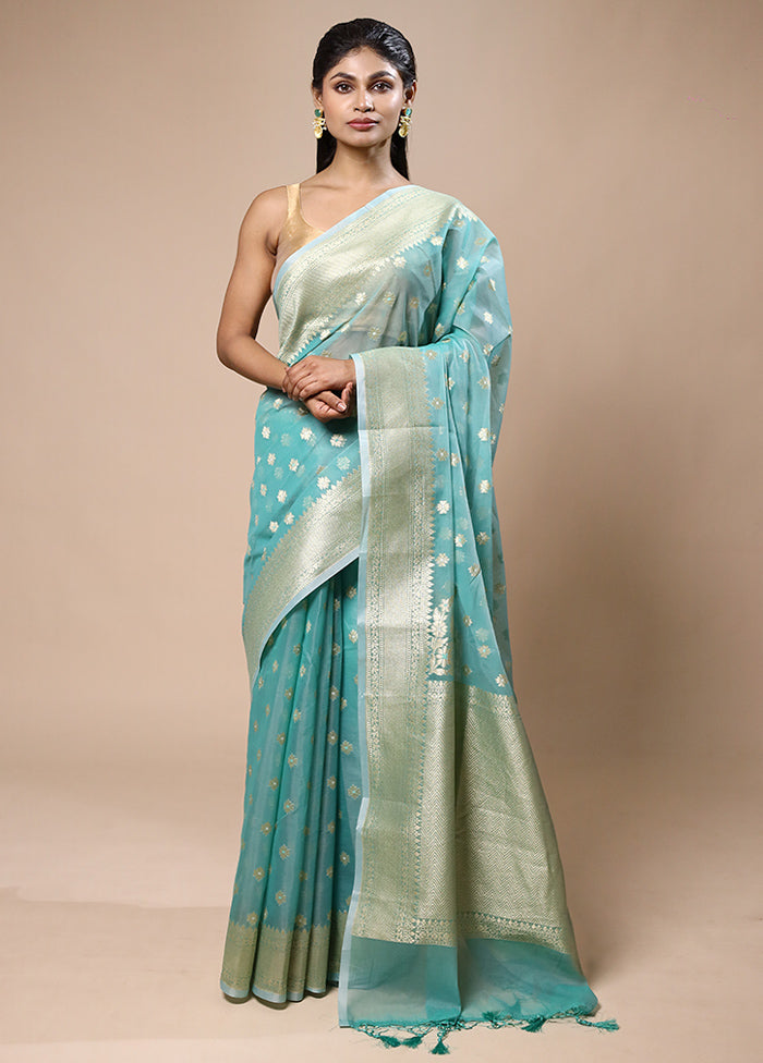 Blue Kora Silk Saree With Blouse Piece Cheap Free Shipping