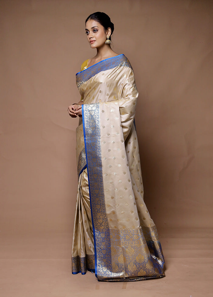 Cream Banarasi Silk Saree With Blouse Piece Authentic For Sale