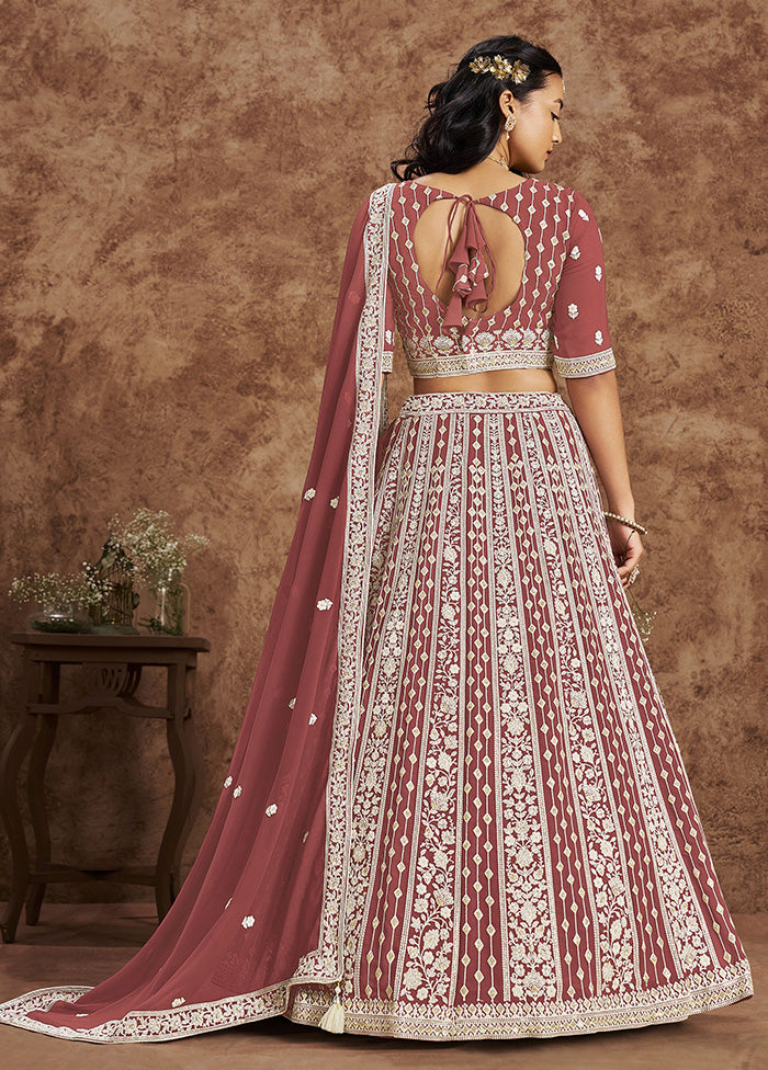 3 Pc Brown Georgette Semi Stitched Lehenga Set Sast For Sale