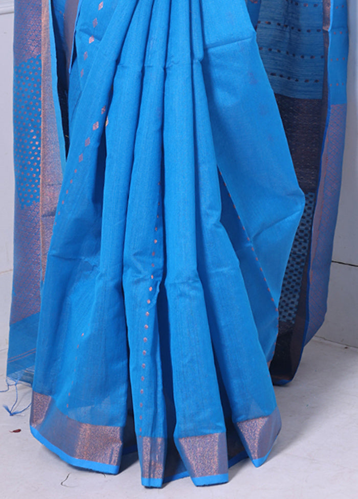 Sky Blue Pure Cotton Saree With Blouse Piece Sale Good Selling