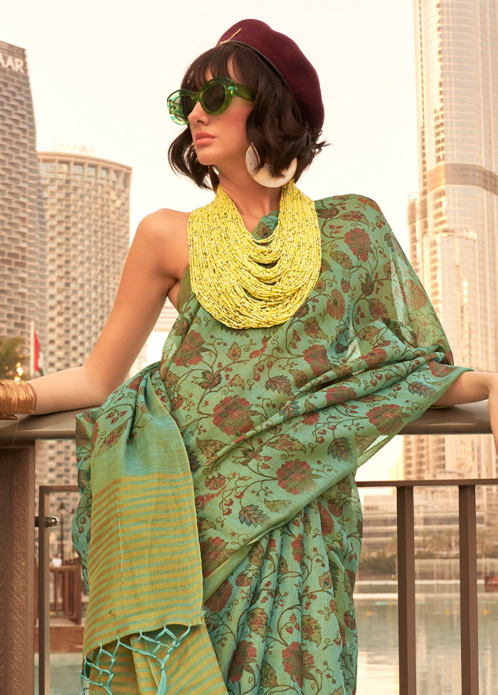 Light Green Spun Silk Saree With Blouse Piece Cheap Sale Store