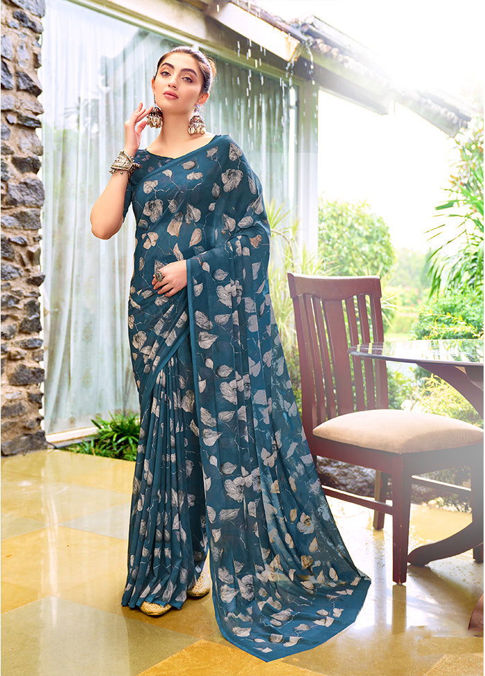 Teal Blue Georgette Saree With Blouse Piece Cheap Sale Store