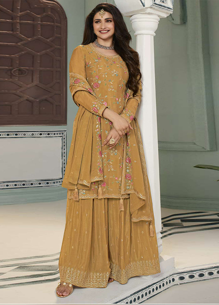 3 Pc Mustard Semi Stitched Viscose Suit Set Free Shipping Buy