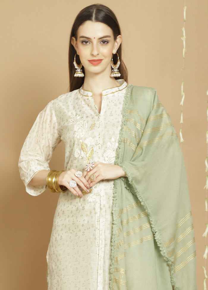 3 Pc Off White Unstitched Chanderi Suit Set Outlet Sale Online