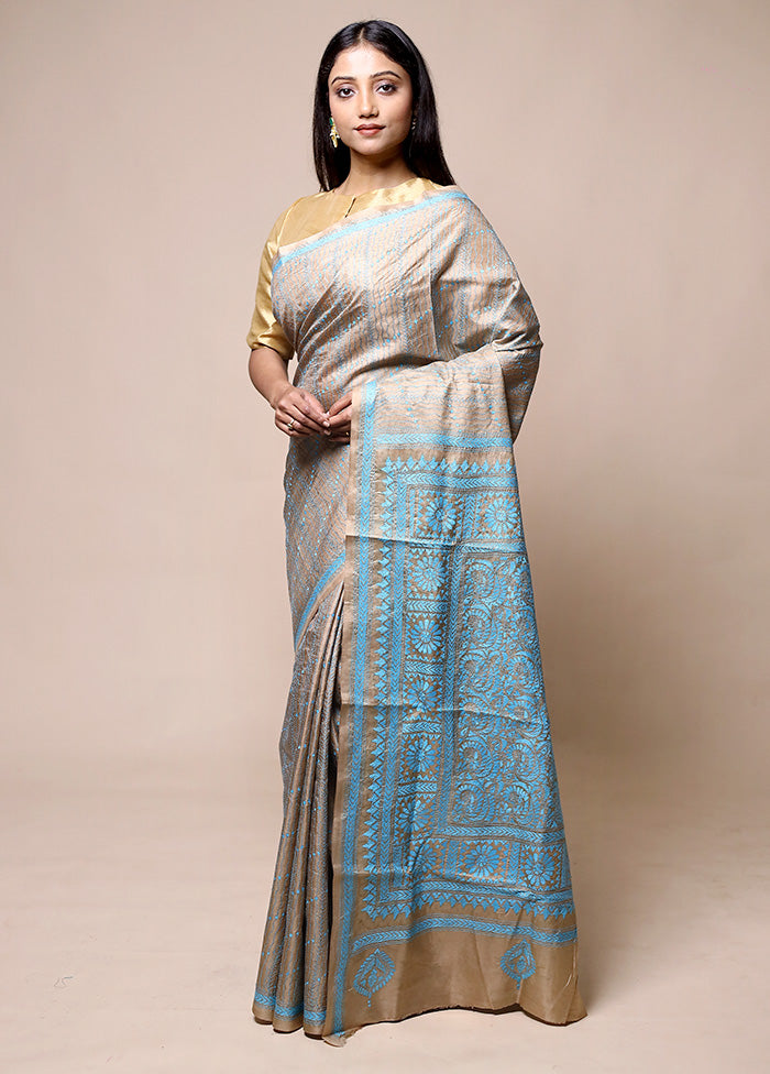 Cream Handloom Kantha Stitch Pure Silk Saree With Blouse Piece Buy Cheap Discounts