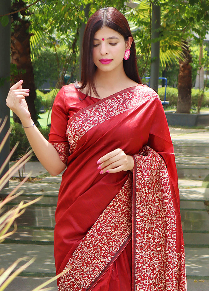 Red Spun Silk Saree With Blouse Piece Reliable For Sale