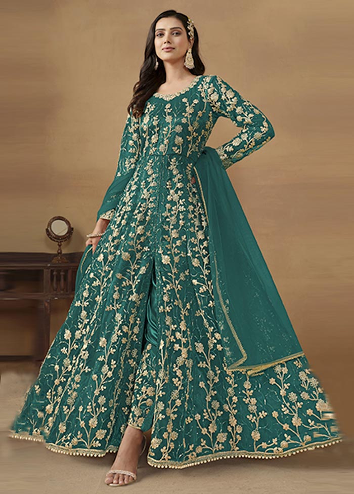 3 Pc Teal Green Semi Stitched Net Suit Set With Mastercard For Sale