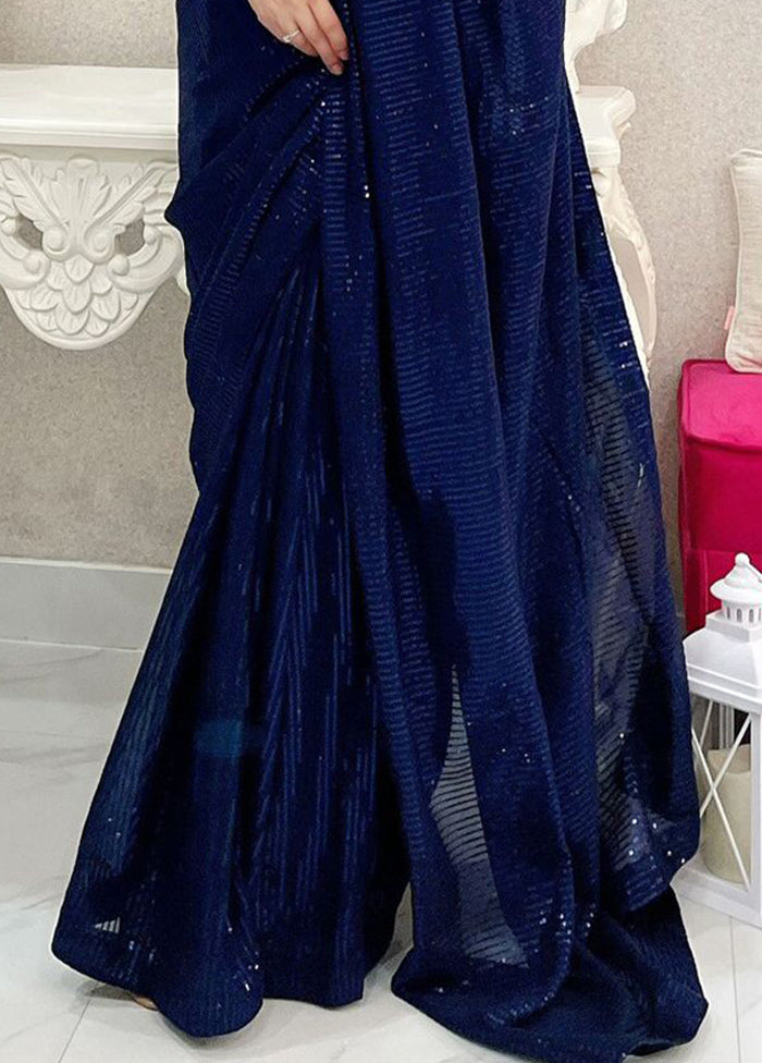 Navy Blue Georgette Saree With Blouse Piece Sale Sast