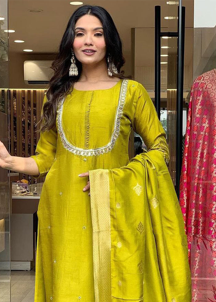 3 Pc Yellow Readymade Viscose Dupatta Suit Set Pay With Paypal For Sale