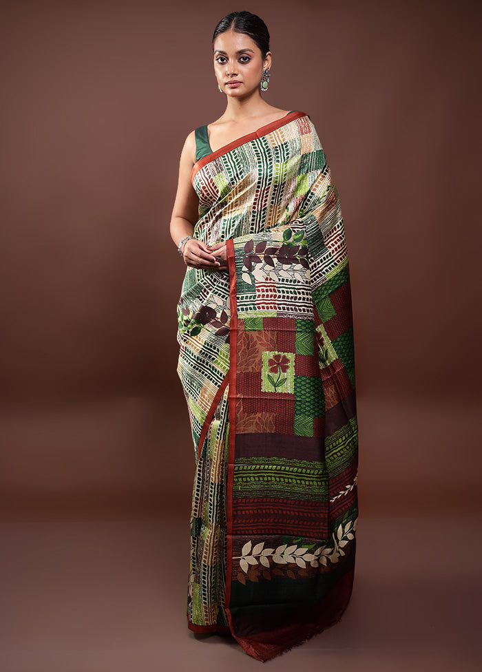 Multicolor Printed Pure Silk Saree Without Blouse Piece With Mastercard Online