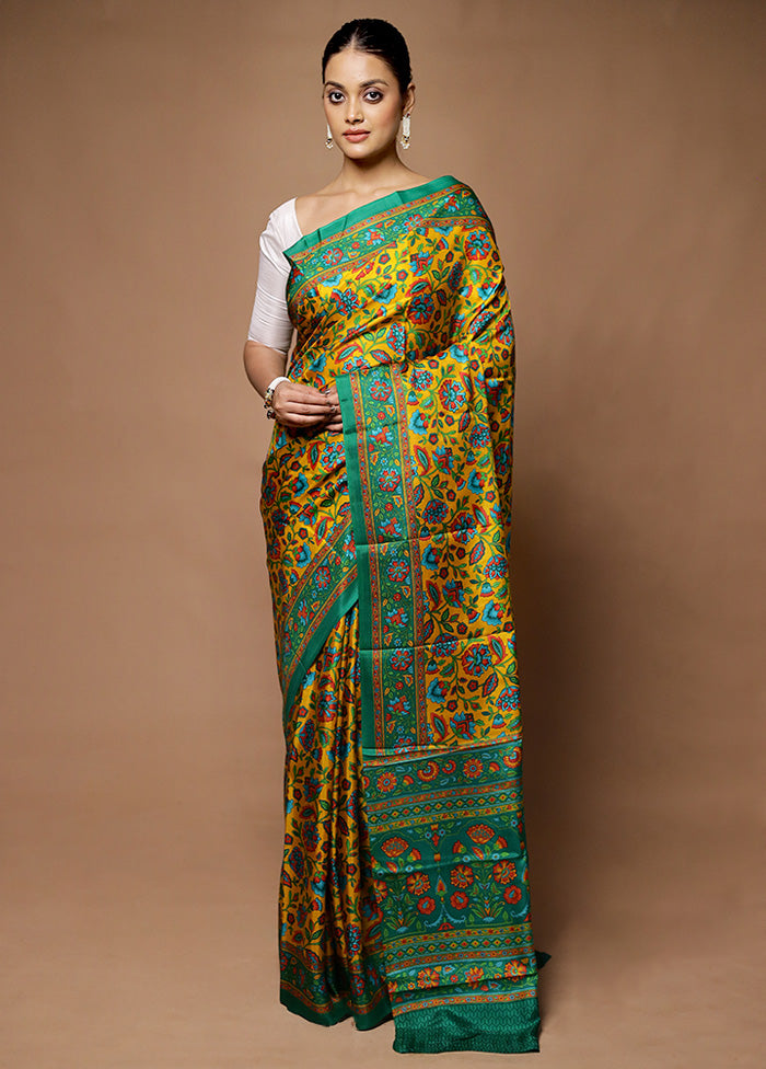 Yellow Printed Pure Silk Saree Without Blouse Piece Huge Surprise For Sale