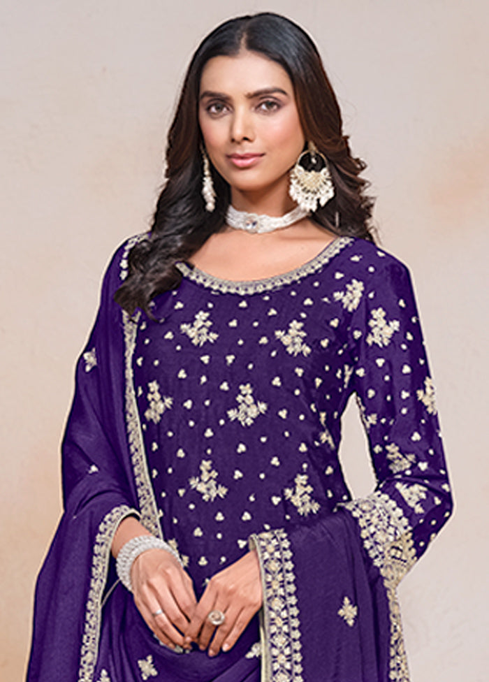 3 Pc Purple Semi Stitched Silk Suit Set Outlet Exclusive