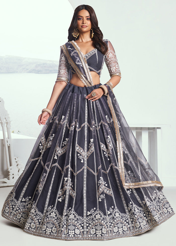 3 Pc Dark Grey Net Semi Stitched Lehenga Set Cheap Sale Big Discount