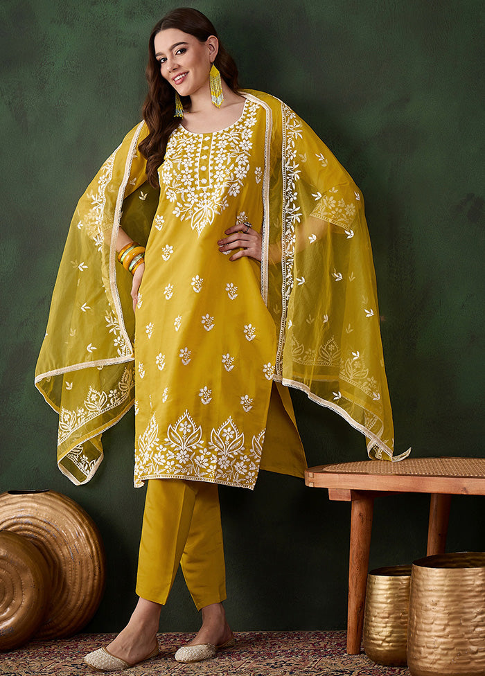 3 Pc Mustard Readymade Silk Dupatta Suit Set Sale Lowest Pice