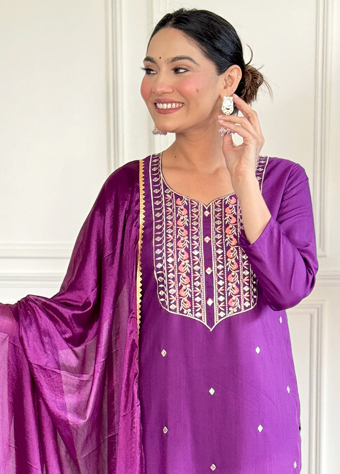 3 Pc Purple Readymade Rayon Suit Set Sale Cheapest Pice