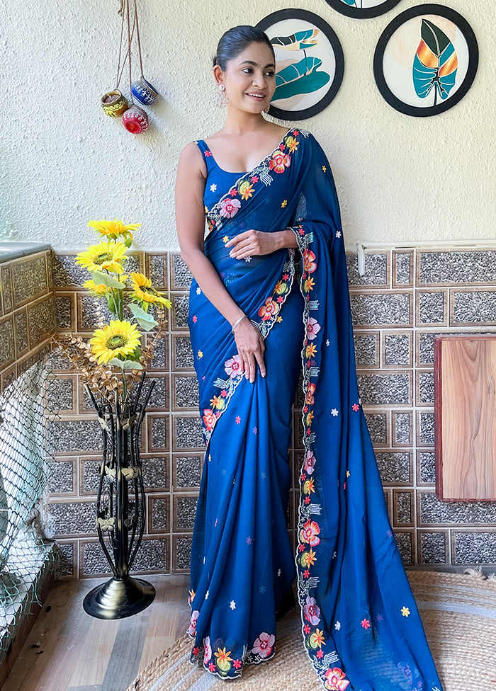 Blue Georgette Saree With Blouse Piece With Credit Card