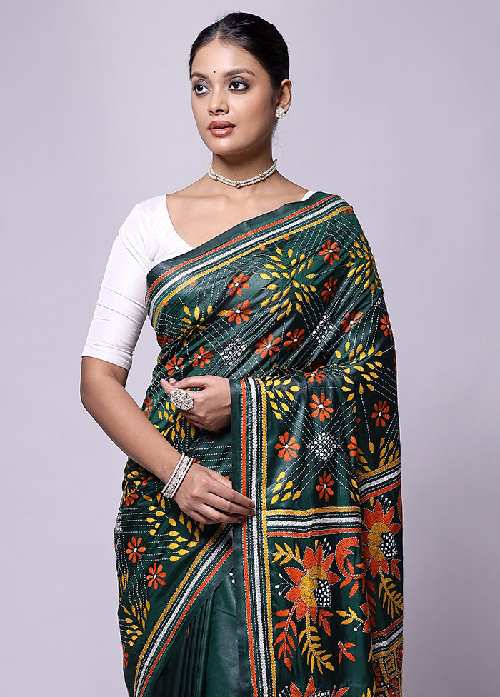 Green Kantha Stitch Silk Saree With Blouse Piece Sale Extremely