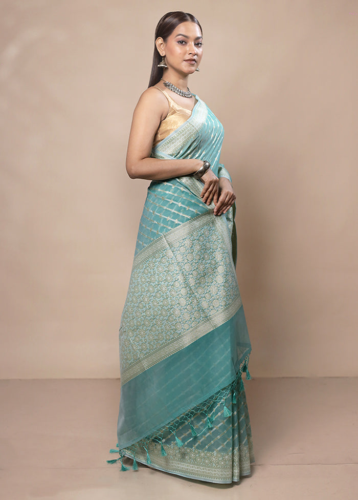 Sky Blue Kora Silk Saree With Blouse Piece Clearance Buy