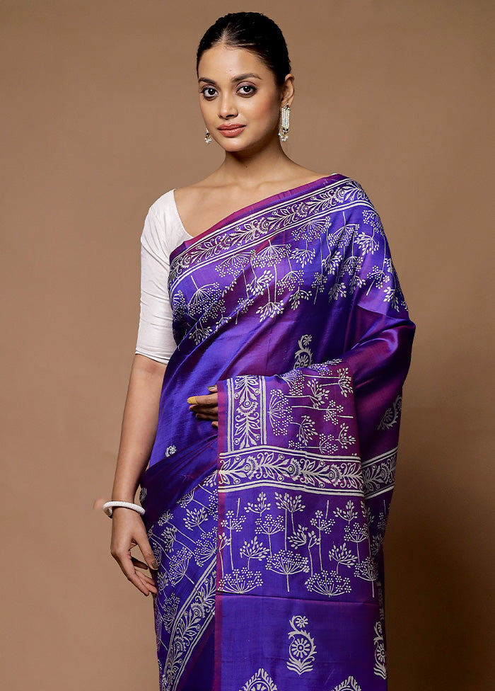 Purple Printed Pure Silk Saree Without Blouse Piece Clearance Visit New