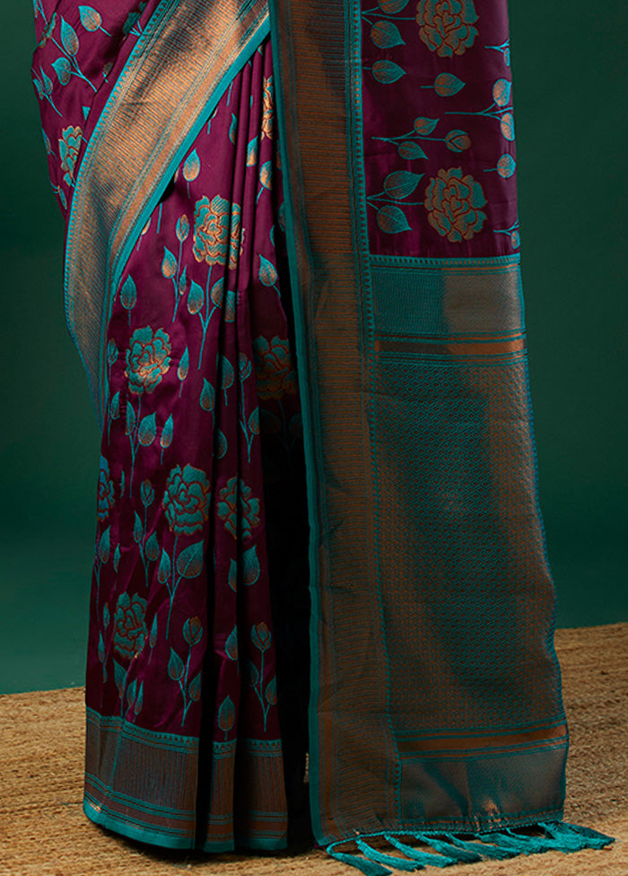 Wine Banarasi Silk Saree With Blouse Piece Discount Great Deals