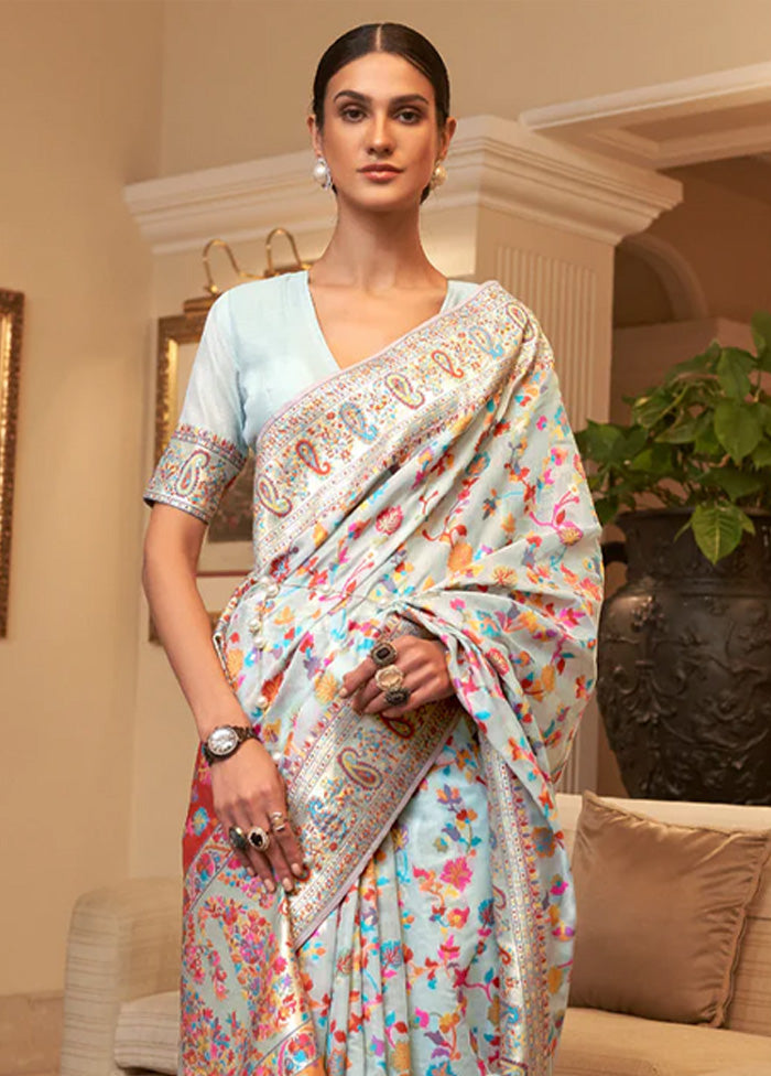 Sky Blue Banarasi Silk Saree With Blouse Piece Cheap Sale From China