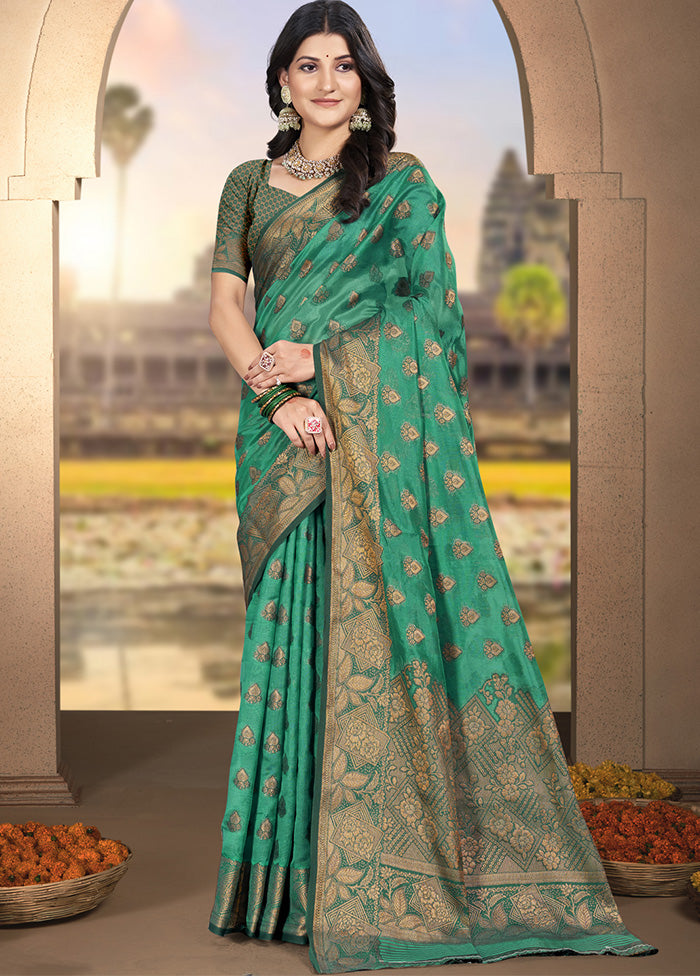 Rama Green Spun Silk Saree With Blouse Piece Outlet Brand New Unisex