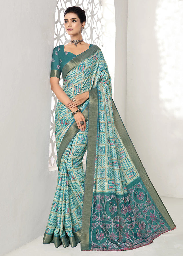 Turquoise Spun Silk Saree With Blouse Piece Clearance Extremely