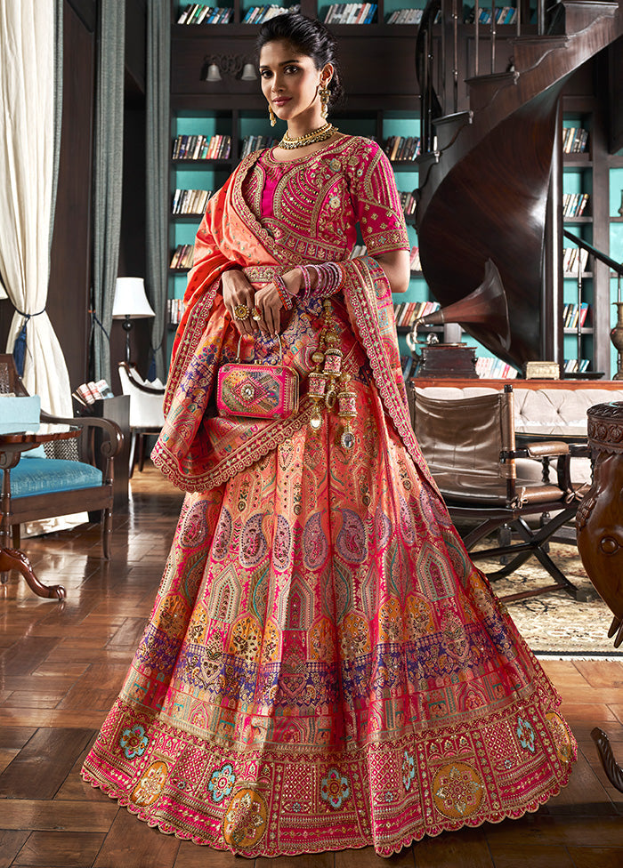 3 Pc Multicolor Silk Semi Stitched Lehenga Set Sale Top Quality