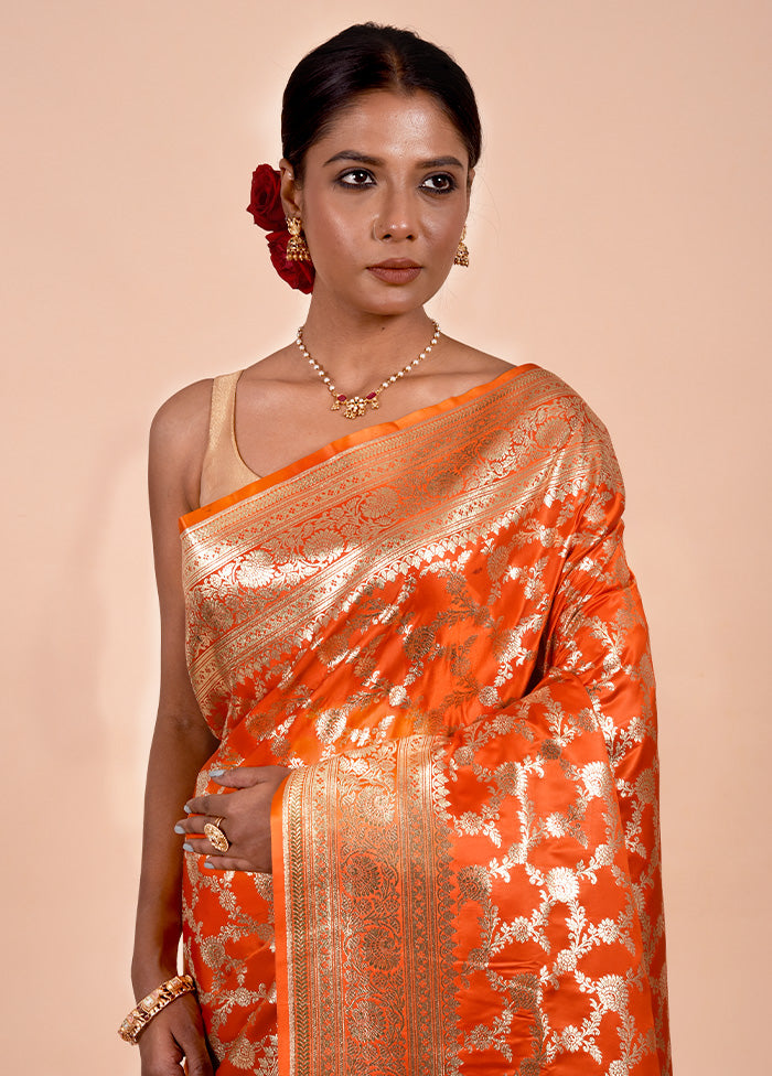 Orange Banarasi Silk Saree With Blouse Piece Shop For Online