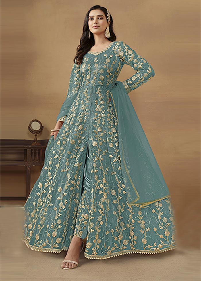 3 Pc Blue Semi Stitched Net Suit Set Cheap Sale Professional