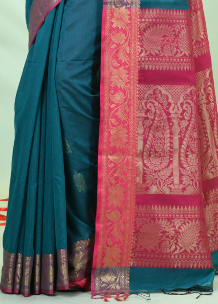 Teal Pure Cotton Saree With Blouse Piece Outlet Collections