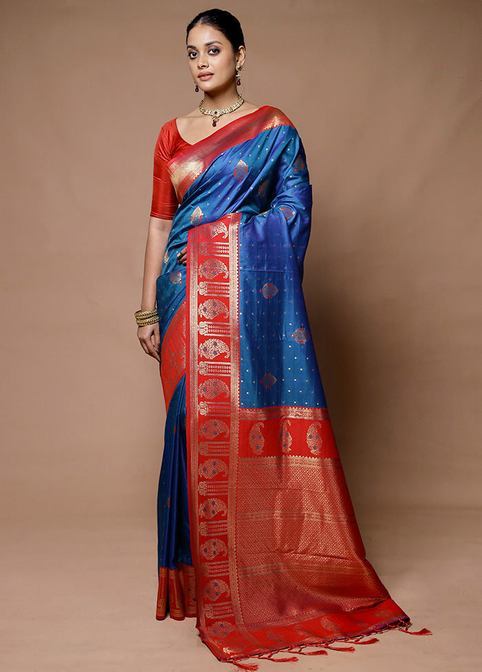 Blue Dupion Silk Saree With Blouse Piece Brand New Unisex Cheap Online